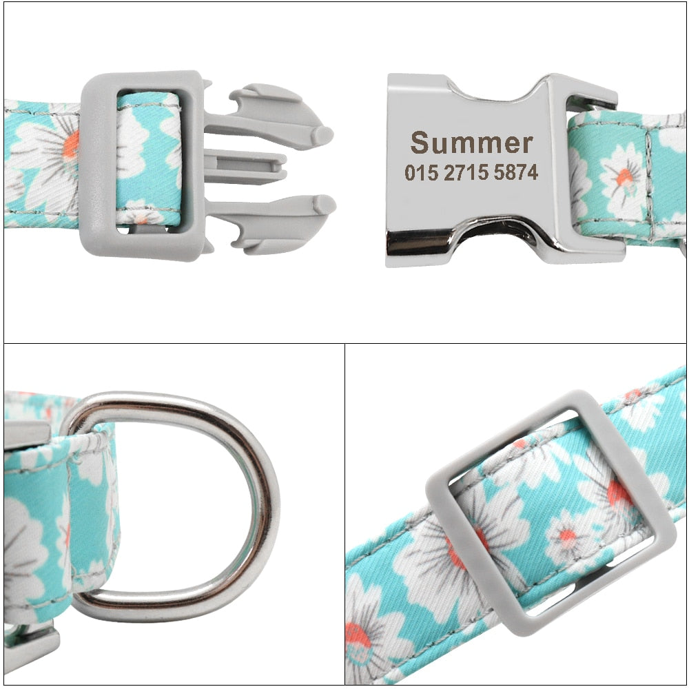 Custom Dog Collar Nylon Floral Engraved Pet Puppy