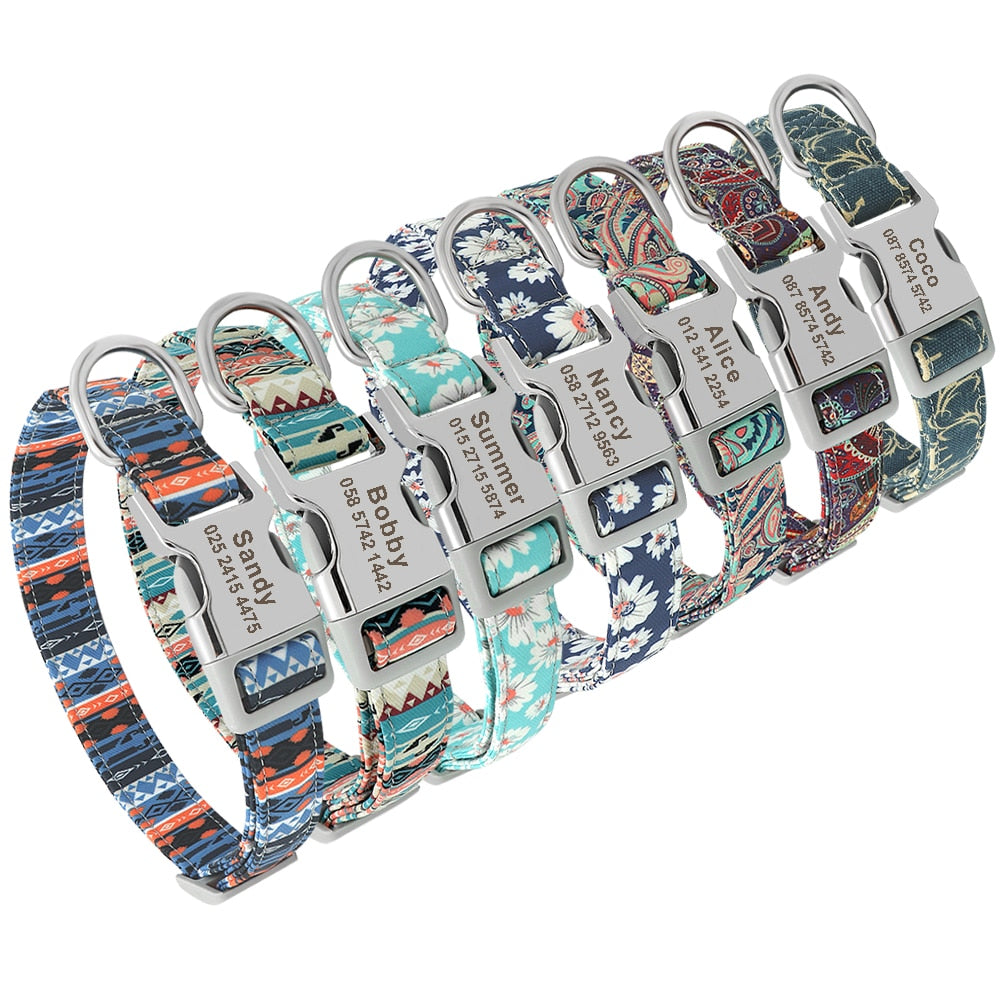Custom Dog Collar Nylon Floral Engraved Pet Puppy