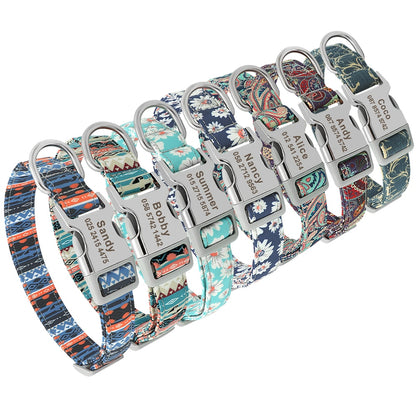 Custom Dog Collar Nylon Floral Engraved Pet Puppy