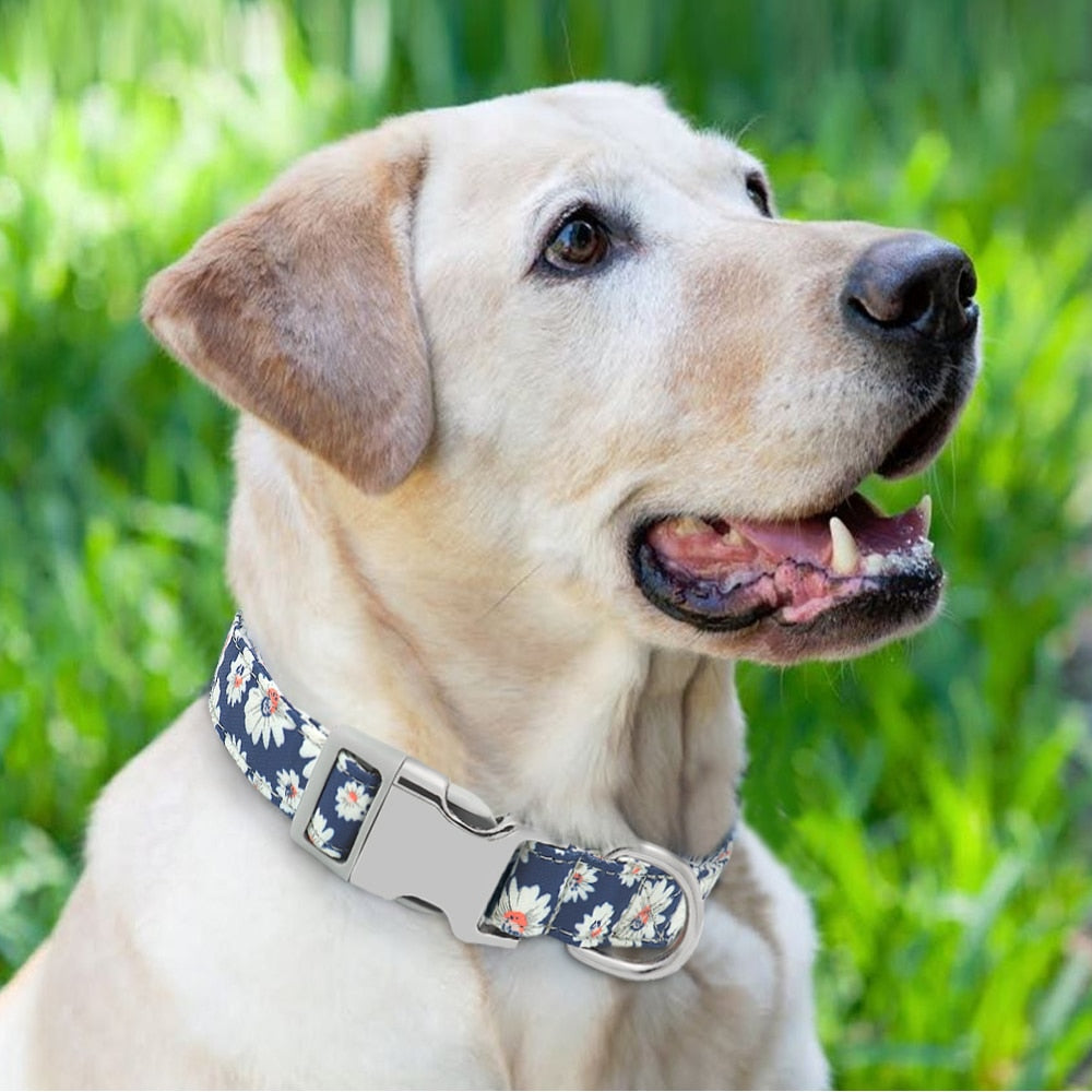 Custom Dog Collar Nylon Floral Engraved Pet Puppy